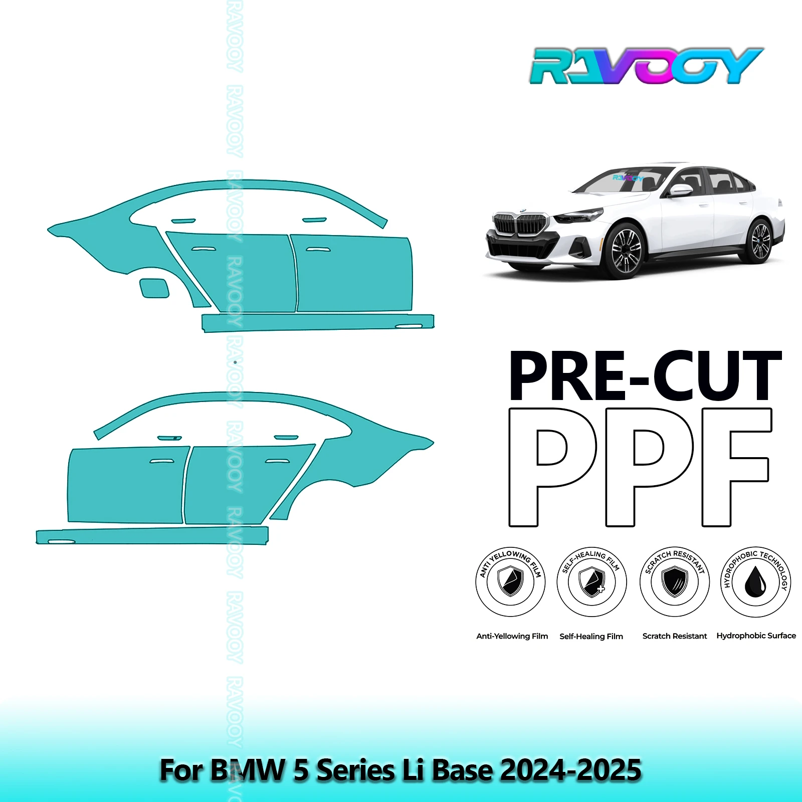 

For BMW 5 Series Li Base 2024-2025 8.5mil Clear Matte Pre-Cut PPF Door & A/B Pillar Kit TPU Paint Protection Film Set