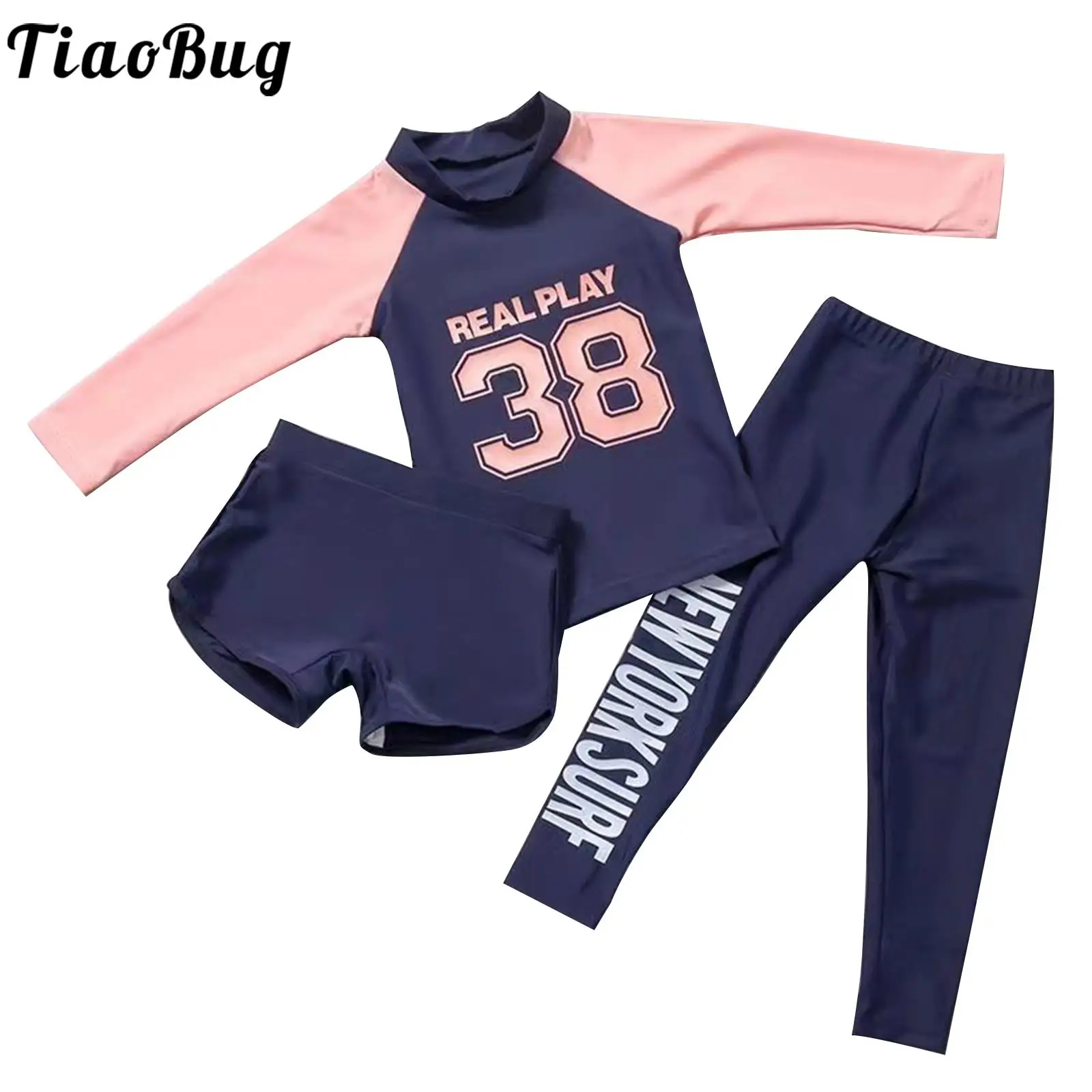 Kids Girls 3 Piece Swimsuit Long Sleeve Letters Print Top Swim Shorts Pants Swimwear Rash Guard Bathing Suit Surfing Beachwear