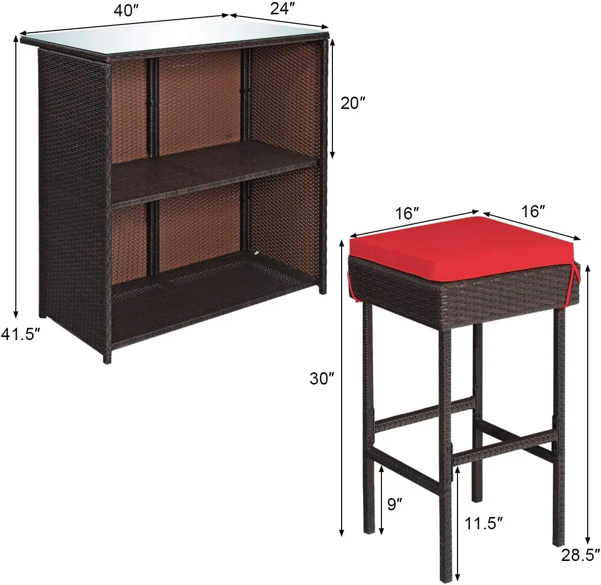 Juego de muebles de mimbre para Patio, conjunto de 3 piezas de barra de mimbre para exteriores con 2 cojines, taburetes y mesa superior de cristal para Patios