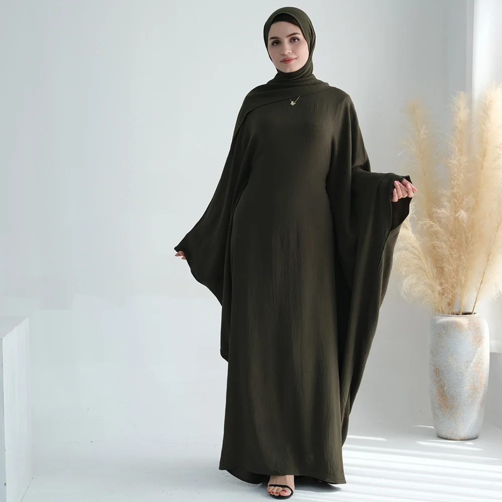 Abaya Hijab Set Muslim Women Butterfly Sleeves Dress Built-in Belt+Long Scarf Islamic Clothing Dubai Turk Modest Outfit Ramadan