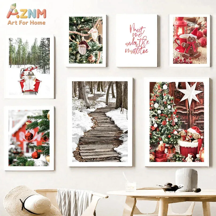 AZNM Winter Christmas Snow Forest Tree Canvas Wall Art, Meet Me Under The Mistletoe Holiday Quote Aesthetic Home Decor Unframed