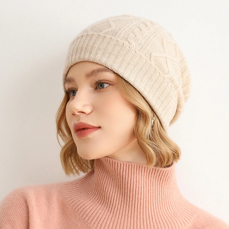 100%Cashmere Knitted Hat for Women Winter Autumn Soft Warm Rhomb Pattern Beanie Cap Solid Color Elastic Fashion Skullies Girl