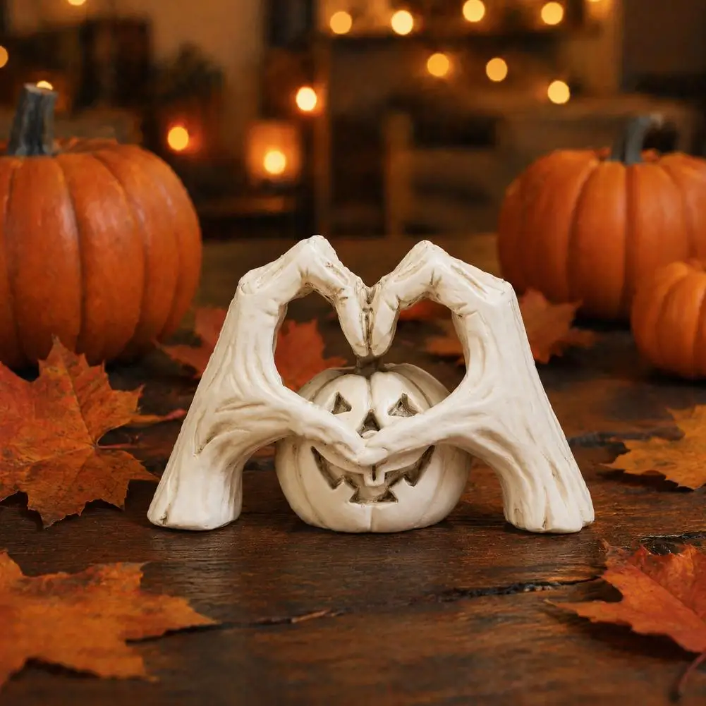 Halloween Pumpkin Figurine Resin Skeleton Decor Skeleton Heart Hand Sculpture Spooky Halloween Resin Statue Abstract for Shelf