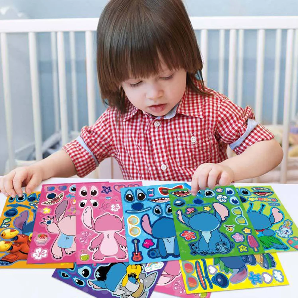 8/16Sheets Disney Stitch Cartoon Puzzle Stickers Children Make a Face DIY Toys Funny Assemble Jigsaw Kids Boys Girls Party Game