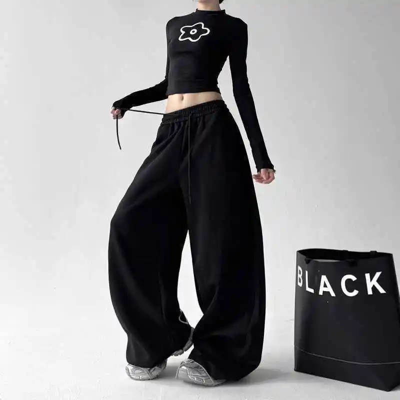 

Women's Casual Autumn and Winter New Korean Style Loose Straight Wide Leg Trousers Printed Sports Pants