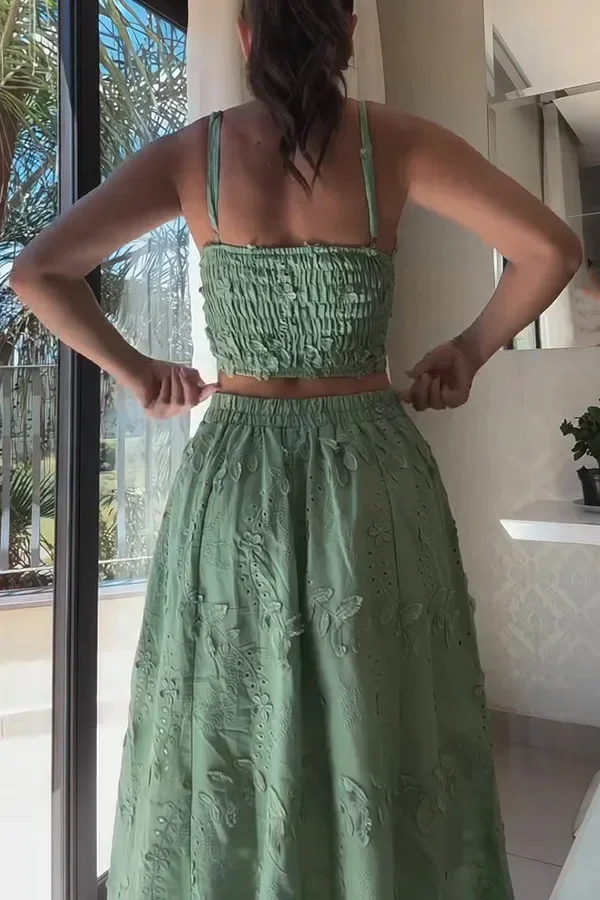 

Новинка 2025, женский укороченный топ без рукавов и юбка с кружевной отделкой, повседневный комплект из двух предметов для отдыха