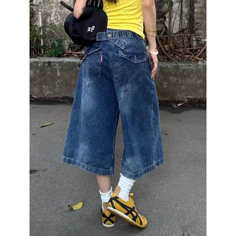 Vintage American High Waist Adjustable Buckle Jeans Women Soft Distressed Light Blue Capri Denim Pants 2026 Casual Daily Wear view 5