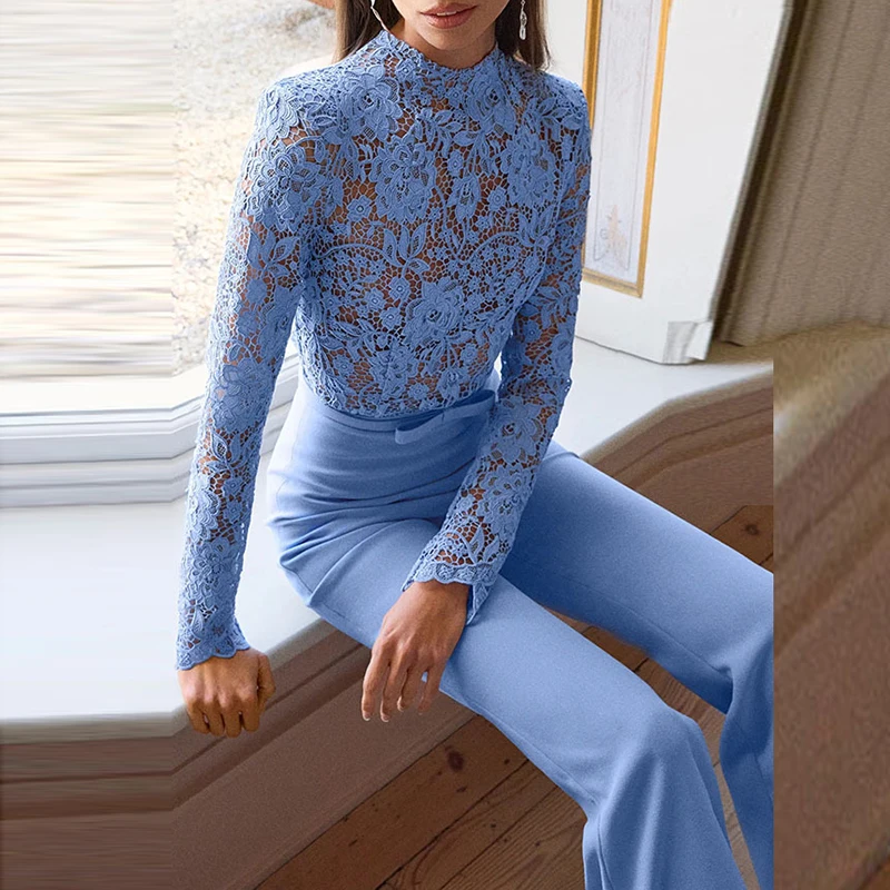 

Sexy Transparent Long Sleeve Turtleneck Playsuit Lady Spring Summer New Solid Romper Trendy Lace Embroidery High Waist Jumpsuits