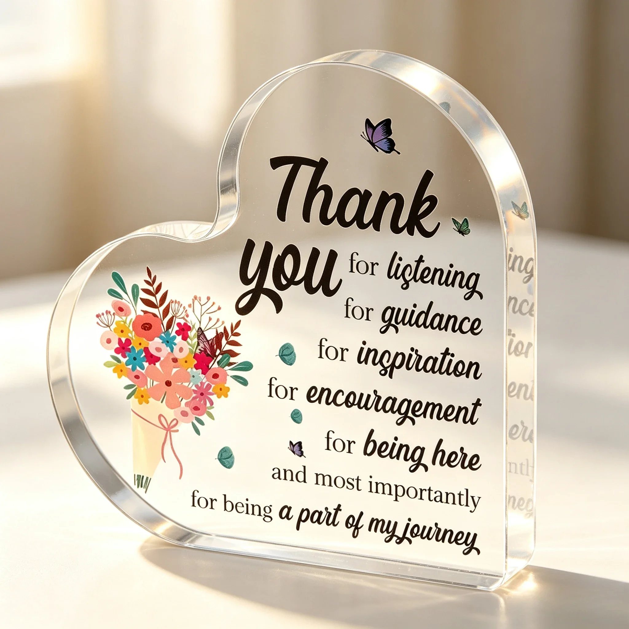 Heart Acrylic Thank You Plaque Colorful Bouquet Butterfly Design Mentor Teacher Appreciation Desk Sign