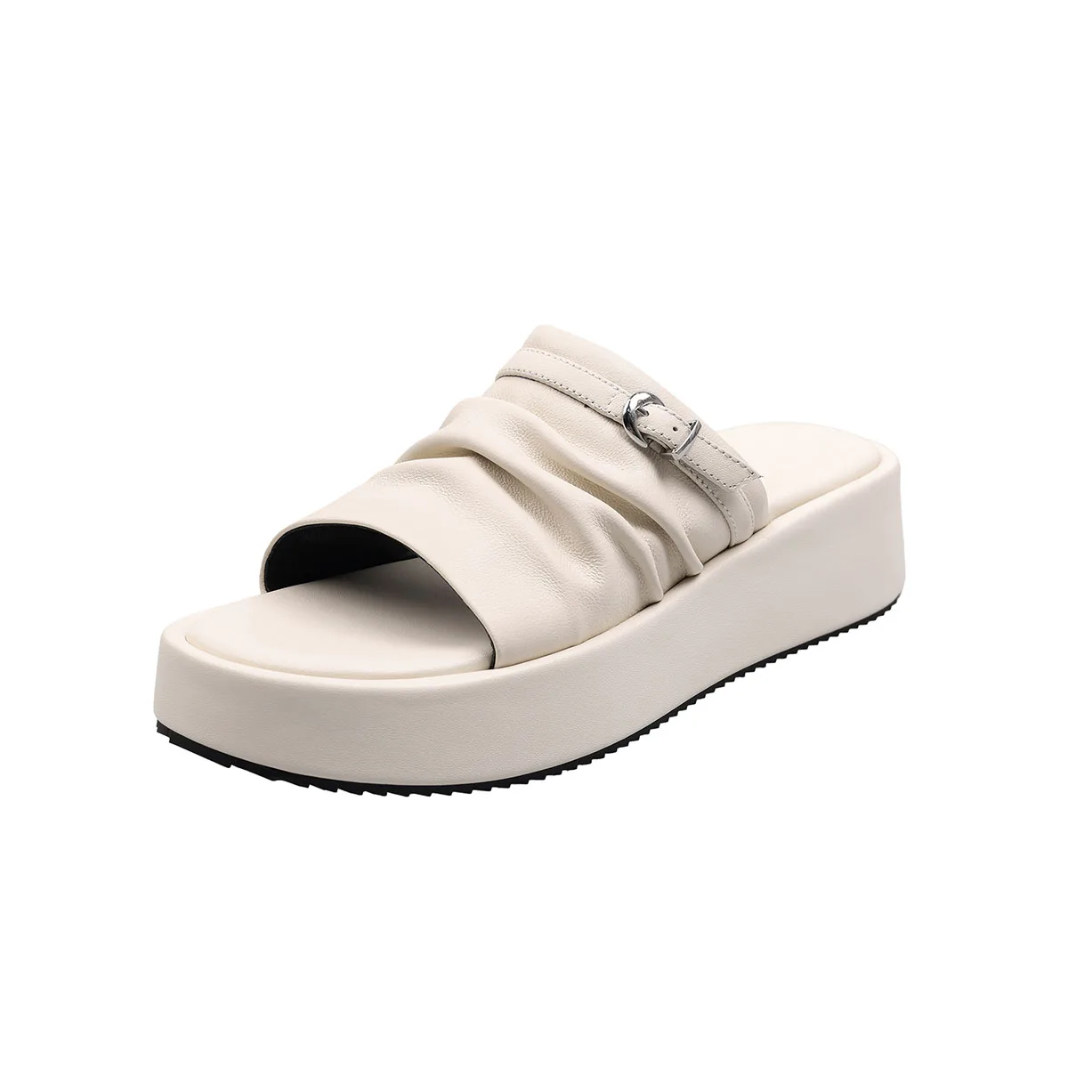 2025 verão plataforma de pele carneiro salto médio plissado palavra chinelos dedo do pé redondo aberto fivela cinto cunha chinelos