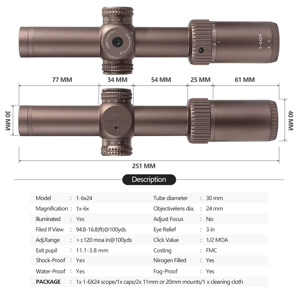 SPINA OPTICS HD 1-6x24 IR LPVOs Tactical Hunting Riflescope Luneta Illuminated Lock Reset Sight Fit.CBQ AR.556etc