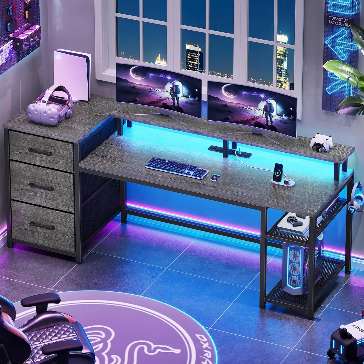 

SEDETA 59" Office Desk with Drawers, Reversible Computer Desk with File Drawers & Storage, Gaming Desk with LED Lights & Power