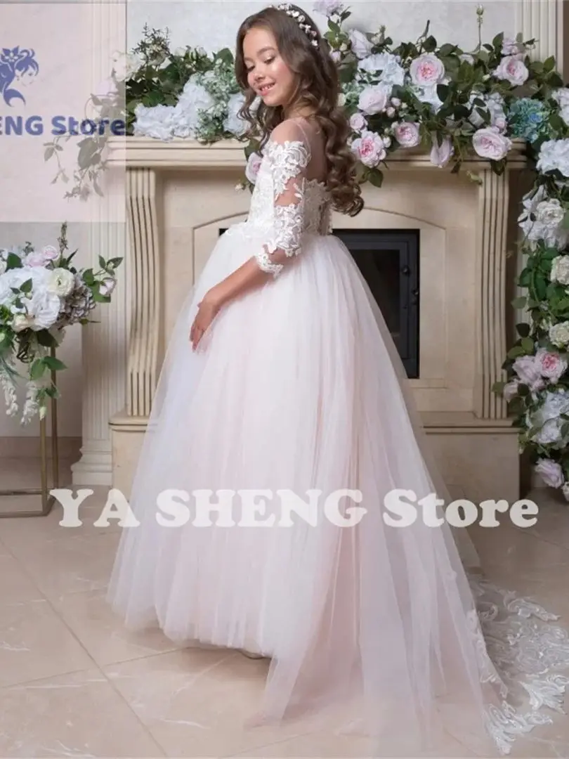 تول منتفخ يزين فساتين نمط مع الذيل ، طويلة الأكمام ، زهرة فتاة ، الزفاف ، عيد ميلاد ، العباءات بالتواصل الأولى