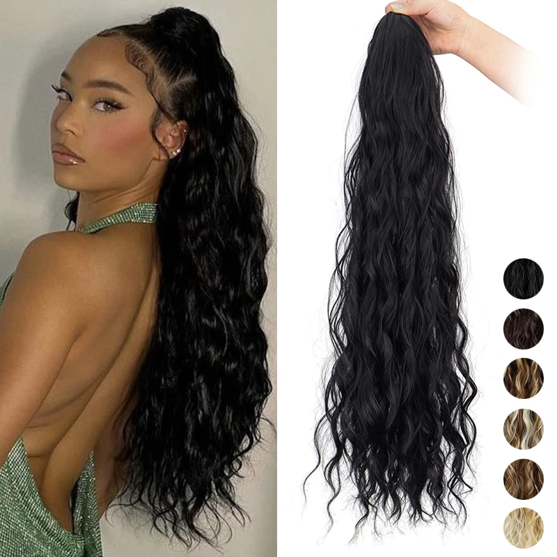 26Inch Synthetic Long Ponytail Extension Water Curly Hair Soft Long Drawstring Black Blonde Hairpiece Ponytail for Women