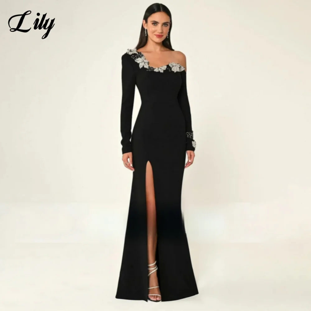 

Lily Black Elegant Prom Dress Flowers Long Sleeves Mermaid Evening Dress Side Split Formal Gown for Woman robe de bal Customized