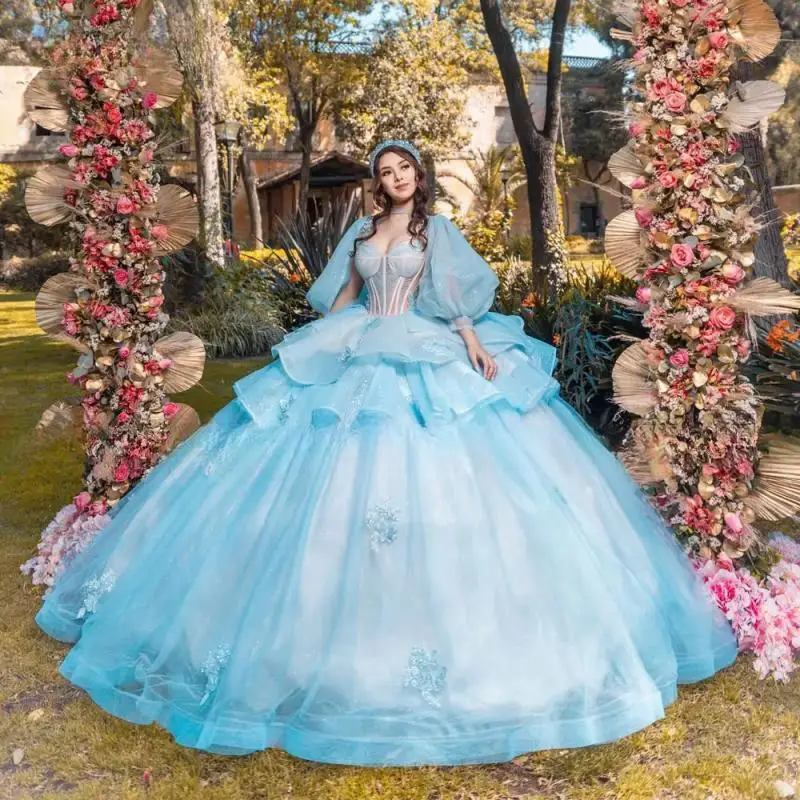 

Detachable Sleeves Blue Quinceanera Dresses 2025 Luxury Bow Shoulder Vestidos De 15 Años Quinceañeras Ball Gown Sweet 16 Dress