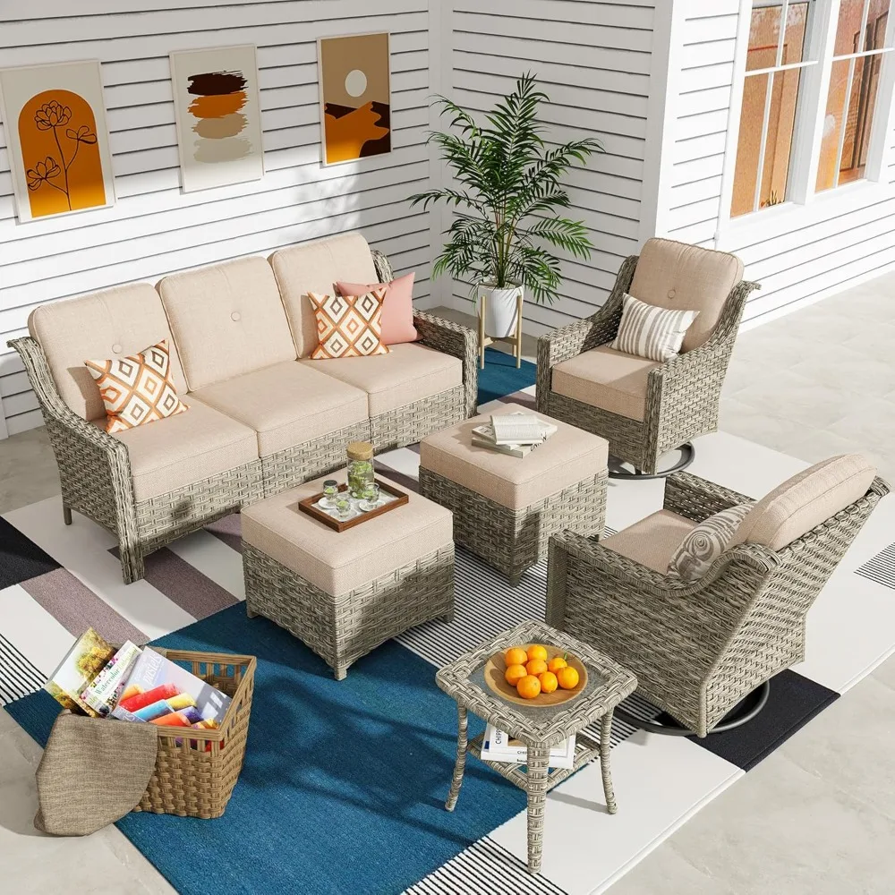 

6-piece outdoor terrace furniture set, equipped with comfortable swivel chairs, wicker sofa covers, and 3-seater sofas