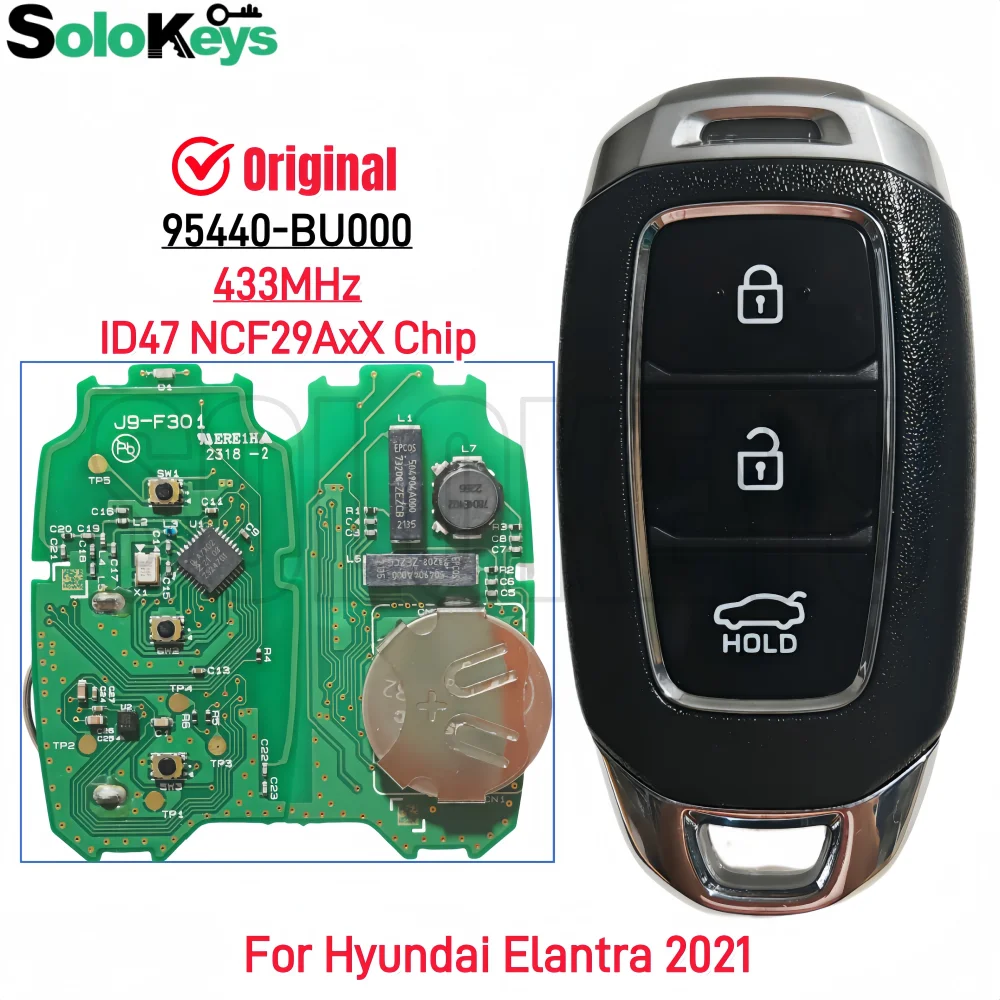 

Чехол SOLOKEYS 95440-BU000 433 МГц ID47 для Hyundai Elantra 2021, оригинальный смарт-ключ дистанционного управления, 3 кнопки с наклейкой с логотипом