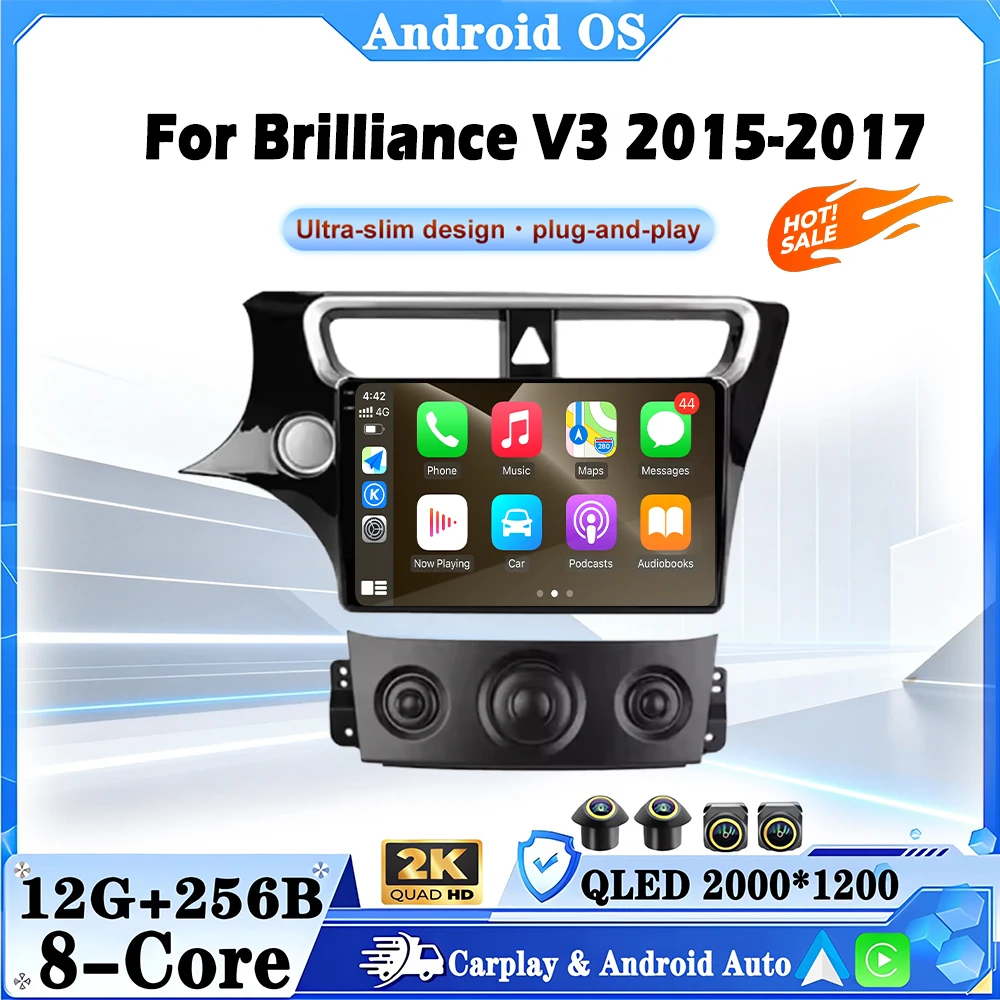 Autoradio Android 16 10,1 pouces pour Brilliance V3 2015-2017 avec navigation GPS, commande au volant, multimédia, Carplay Auto