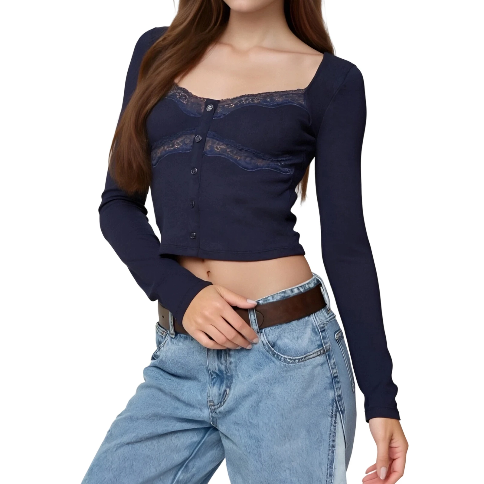

2026 Spring Sexy Ladies Lace Trim Long Sleeve Tops for Women Slim Sweetheart Neck Button-up Crop Fall Shirts