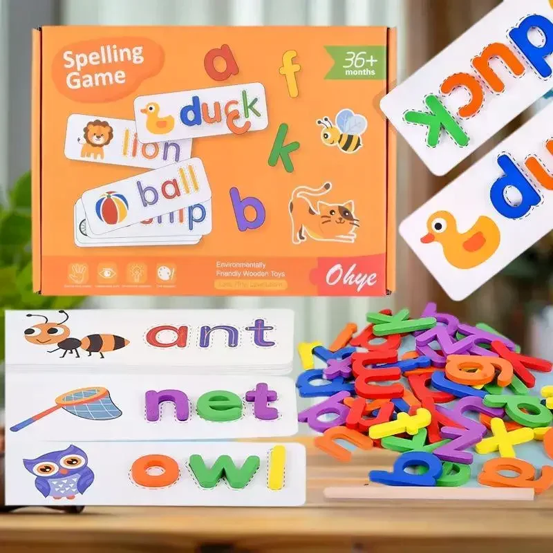 เกมเสริมทักษะการสะกดคำภาษาอังกฤษสำหรับเด็ก: ปริศนาไม้มอนเตสซอรี่ 52 ชิ้น พร้อมการ์ดเรียนรู้ 28 ใบ