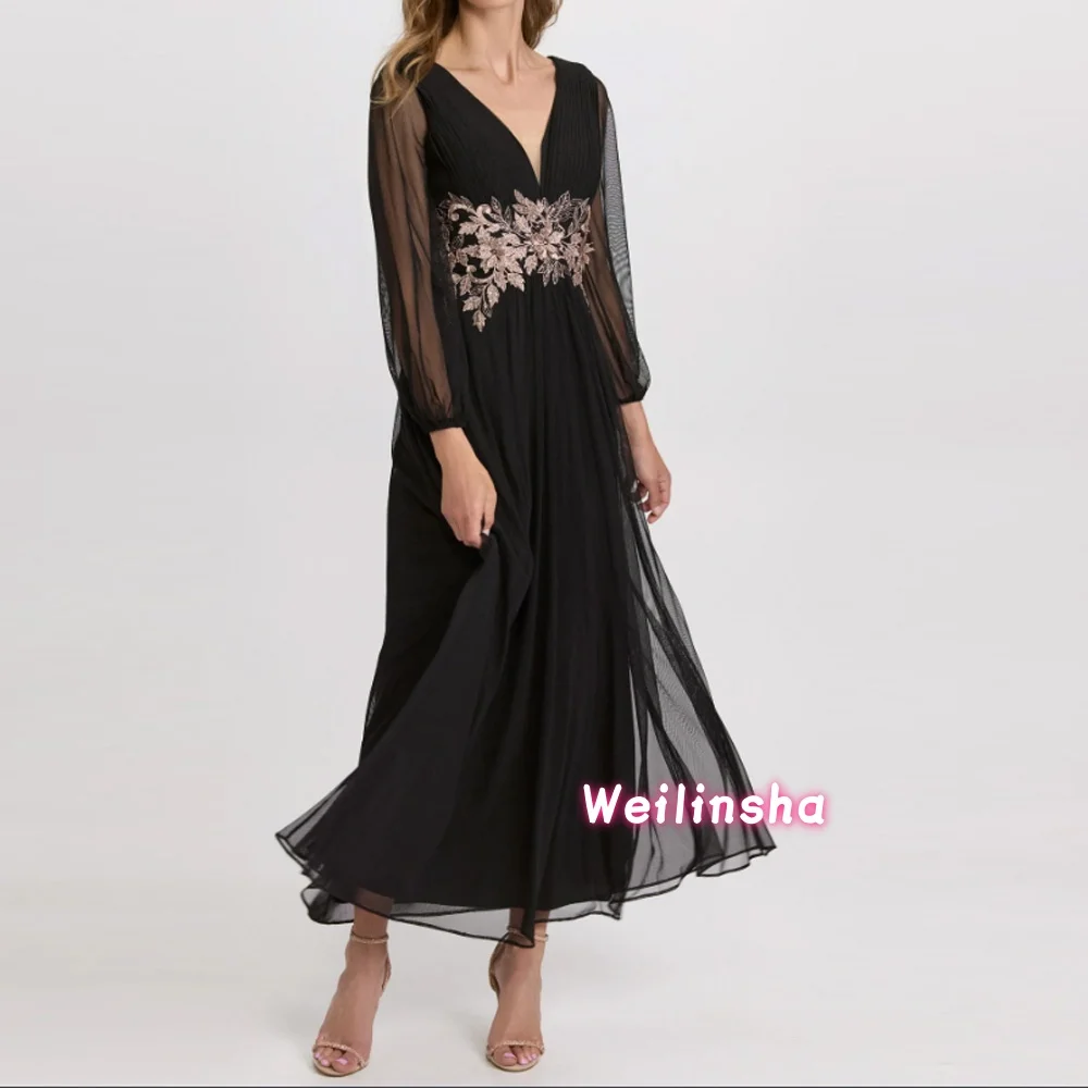 

Customized V Neck Chiffon Mother of The Bride Dresses Long Sleeves Chiffon Lace Appliques Formal Wedding Party Dresses ﻿