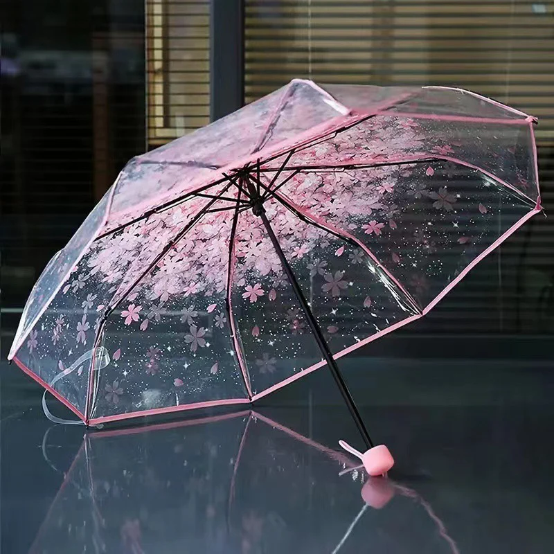 Automatic/Manual Opening And Closing Romantic Cherry Blossom Transparent Folding Umbrella Fresh Transparent Three-Fold Umbrella. view 5