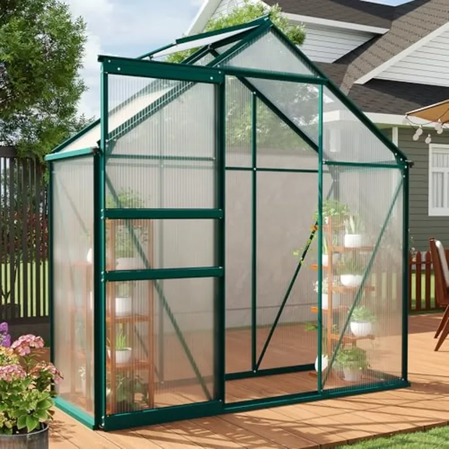 Feet house for Outdoors, Polycarbonate house with Adjustable Roof Vent, Sliding Door and Rain Gutter, Aluminum Walk-in Houses f