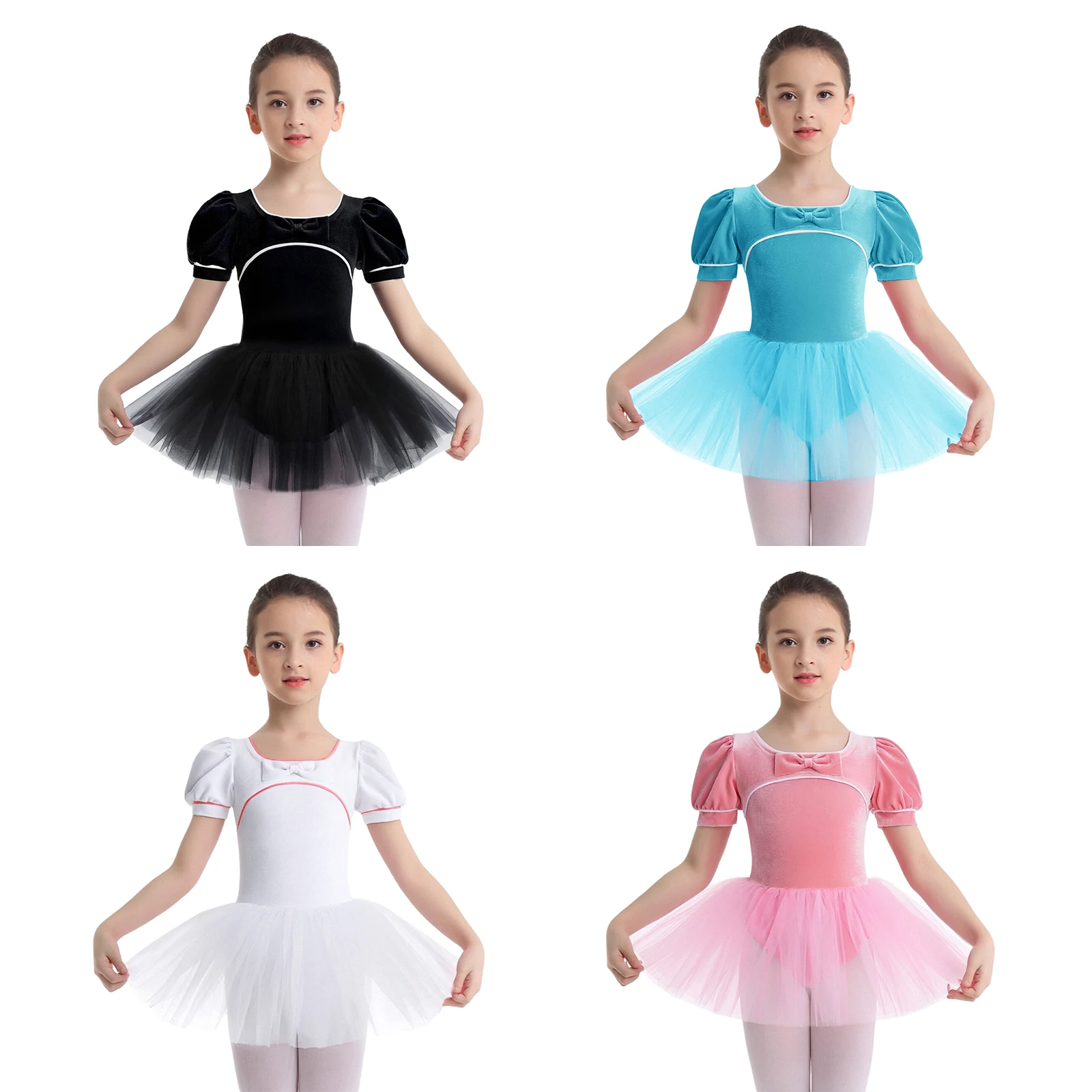 Filles élégantes enfant cygne Ballet danse Performance Tutu justaucorps robes nœud manches courtes bouffantes velours Tulle Ballet Dancewear