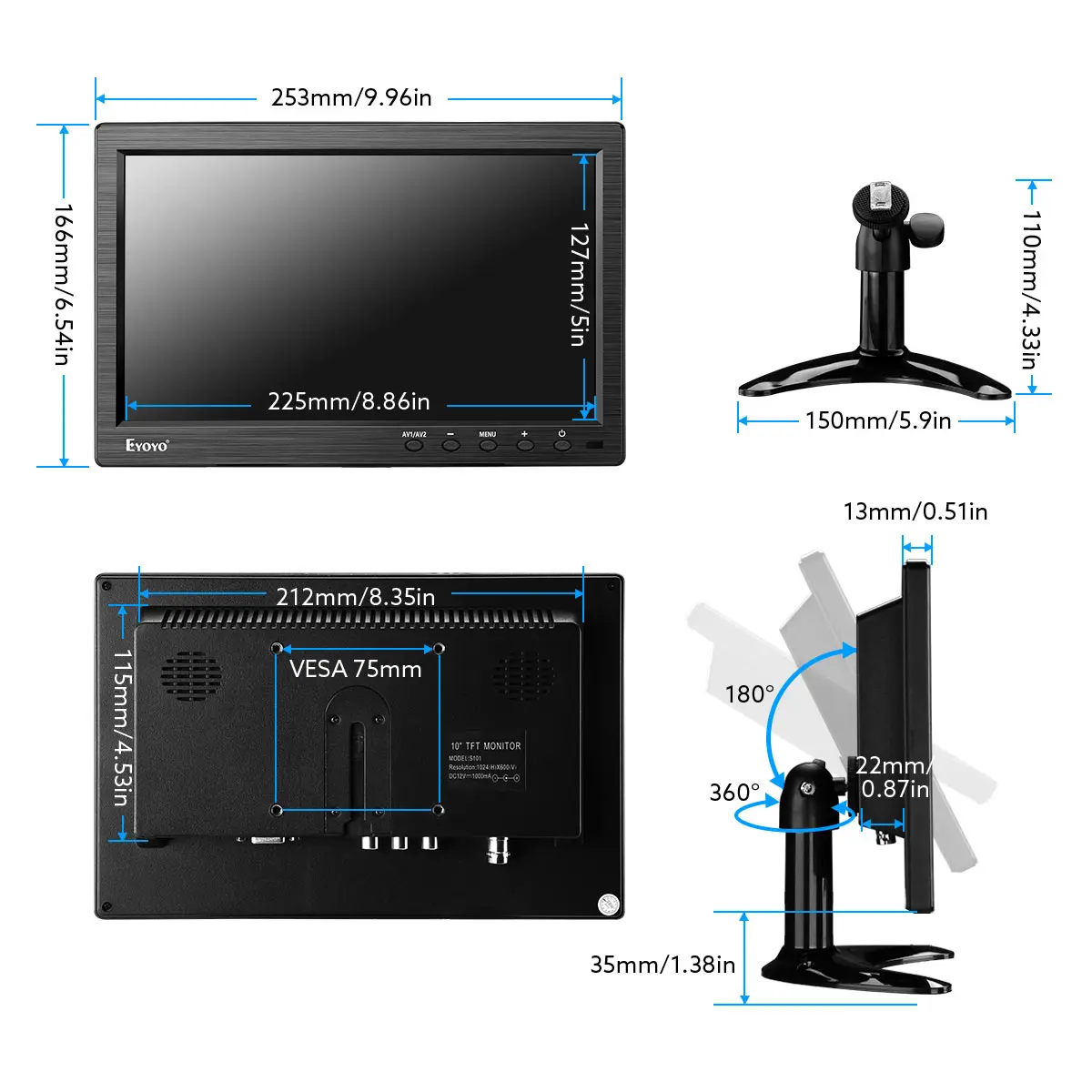 Eyoyo 10 Cal Monitor wyświetlacz HDMI ekran LCD z podstawą obsługa AV VGA wideo BNC wejście do CCTV DVD DVR mały telewizor z głośnikiem