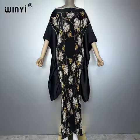 WINYI Pleated Elastic slim dress casual beach cover up muslim woman kaftan abaya dubai luxury long down retro evening dress