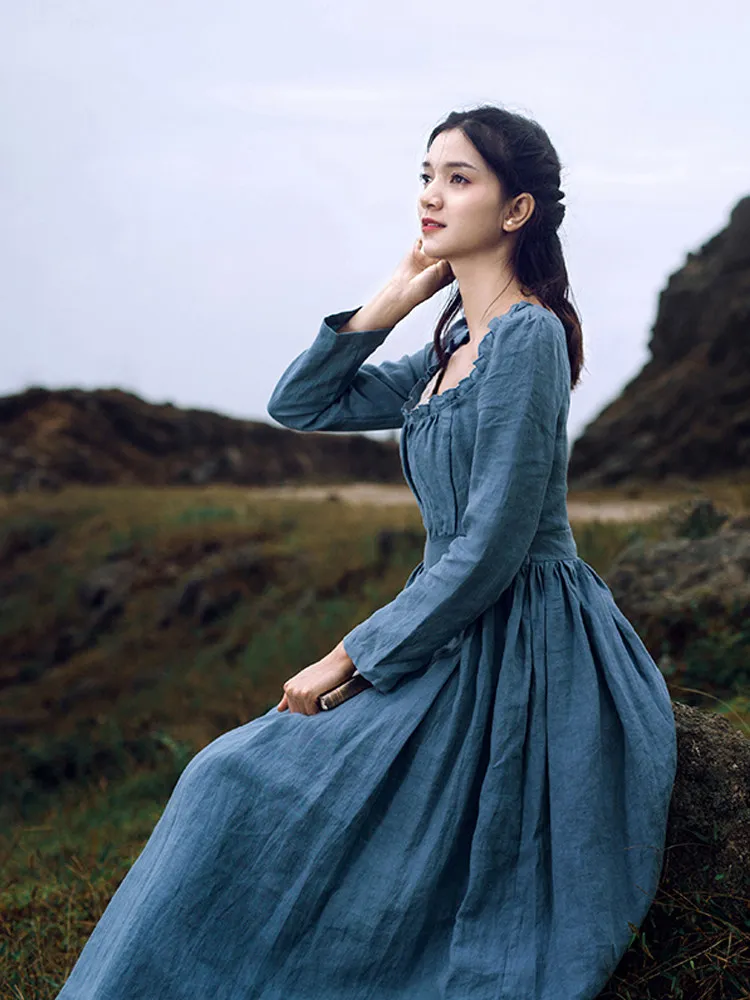 TIYIHAILEY Spring Autumn Linen Women Blue Dress Full Sleeve Long Mid-Calf Ladies S-XL Vintage High Waist 2026 Square Collar