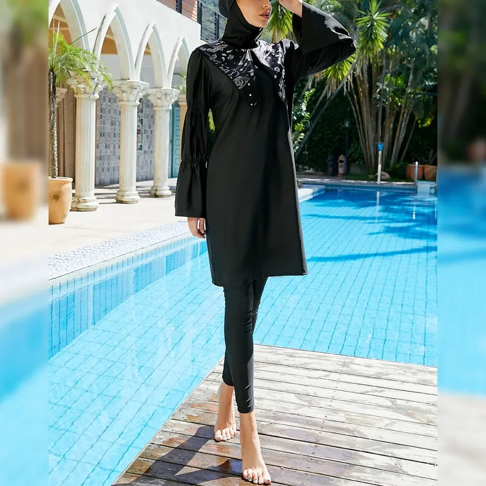 2025 Burkini Muslimische Bademode Schwarz Druck 3-teiliges Set Badeanzug Modest Frauen Hijab Islam Frauen Voller Badeanzug Langarm Baden