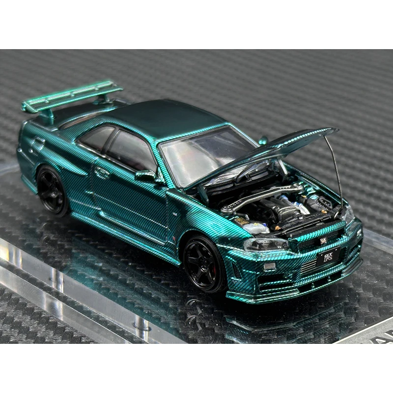 TM In Stock 1:64 Skyline GTR R34 Z TUNE Chrome Green Carbon Hood Diecast Diorama Car Model Time TOP Micro