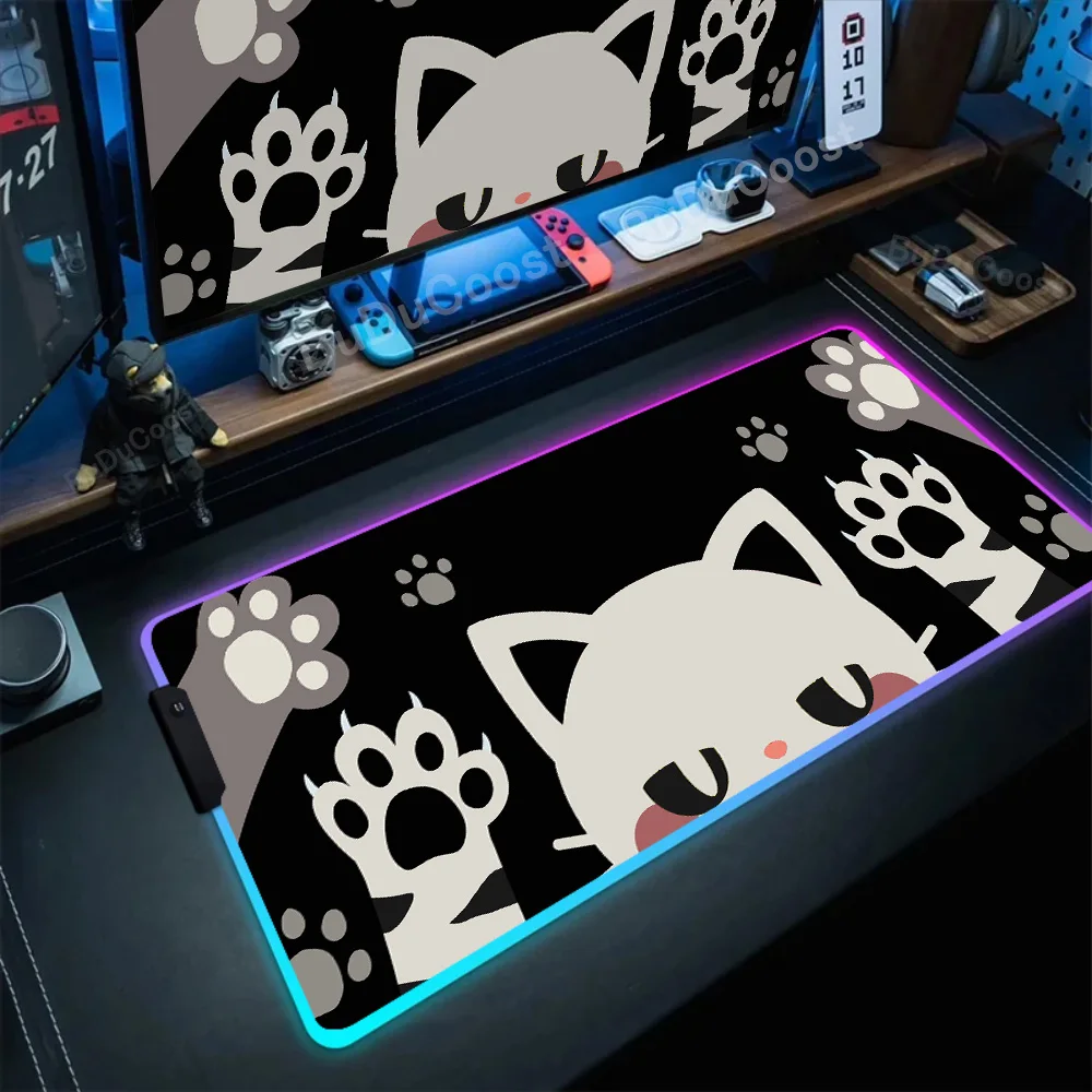 XXL Lock Edge Large Deskmat Cat Plant Pc Gamer RGB Mouse Pad Natural Rubber Backlight Keyboard Pad Speed Anti-slip LED Mice Mat