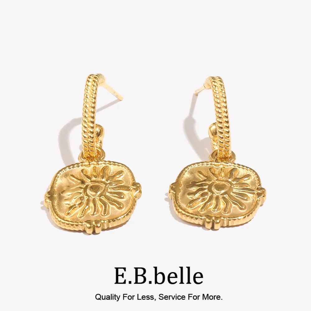 E.B.belle Waterproof Embossment Square Fire Sun Charm Pendant Drop Hoop Earrings Vintage Small Golden Hook Earrings For Women