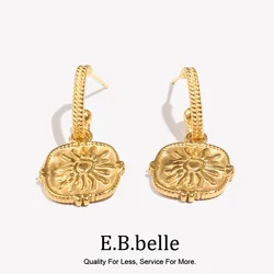E.B.belle Waterproof Embossment Square Fire Sun Charm Pendant Drop Hoop Earrings Vintage Small Golden Hook Earrings For Women