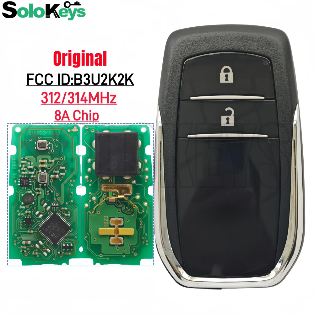 

SOLOKEYS FCC ID:B3U2K2K 61K623-0010 312/314MHz 8A Chip Original Smart Remote Control Key For Toyota Hilux 2 Buttons