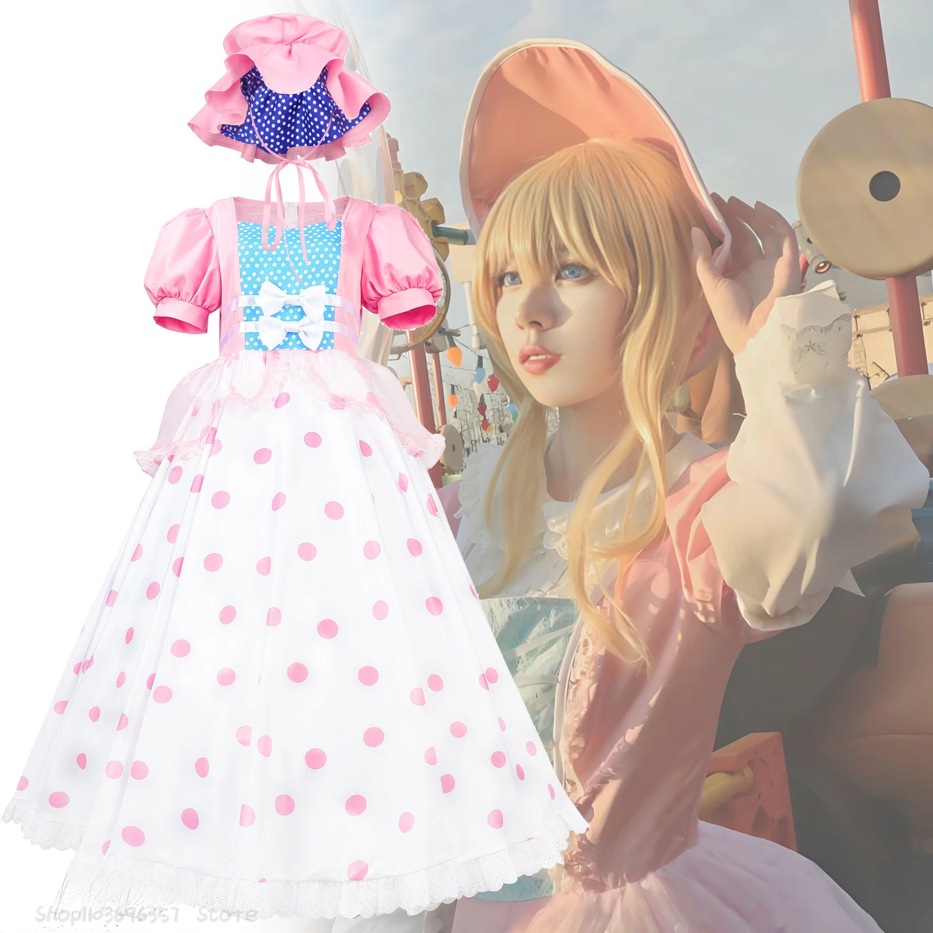 

Anime Movie Bo Peep Cosplay Costume Shepherd Dress Hat Adult Women Shepherdess Uniform Halloween Long Gown Carnival Outfits