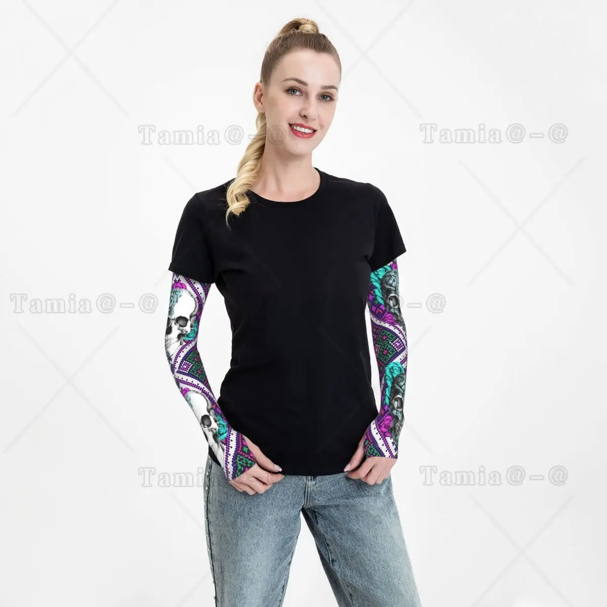 Aztec Rose Skull สีม่วงและ Teal แขนแขนอุ่นผู้หญิงผู้ชาย Day Of The Dead UV Sun Protection Tattoo Cover Up