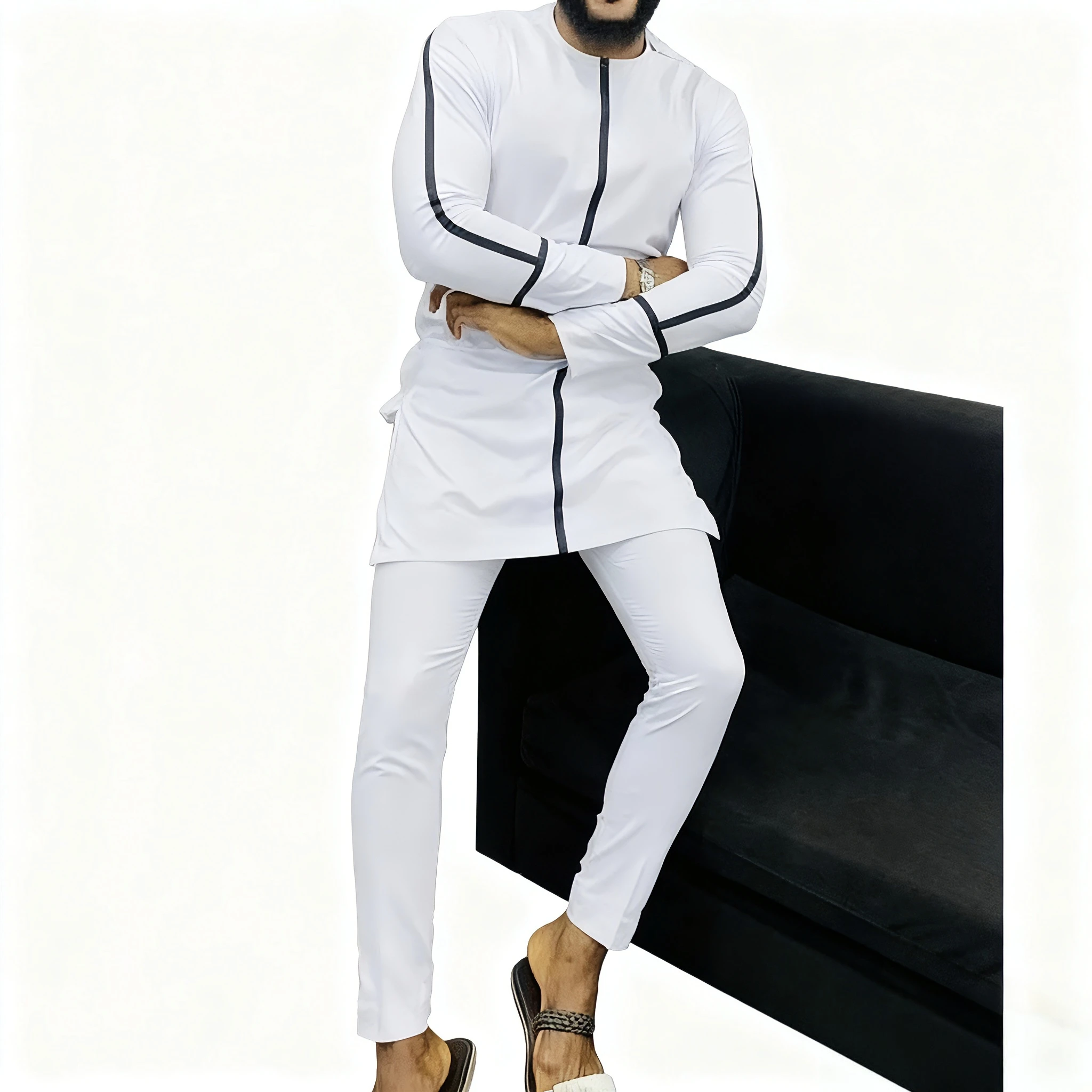 

Original Design African White Men’s Set Grooms Patchwork Top Shirt With Elastic Waist Pants Tailored Traditional Party Garment