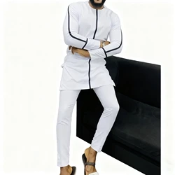 Original Design African White Men’s Set Grooms Patchwork Top Shirt With Elastic Waist Pants Tailored Traditional Party Garment