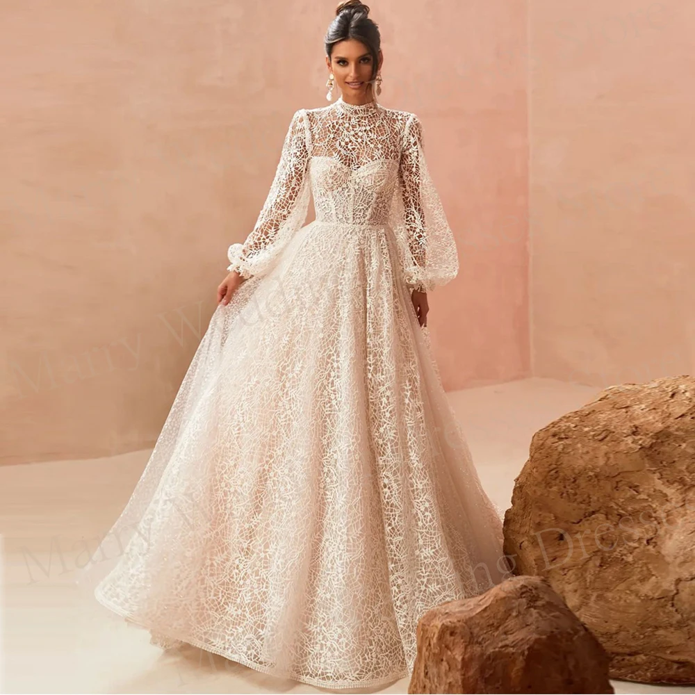 Gaun pernikahan Boho Modern indah A Line gaun pengantin applique renda menawan gaun pengantin lengan puff panjang leher tinggi Vestidos Novias Boda