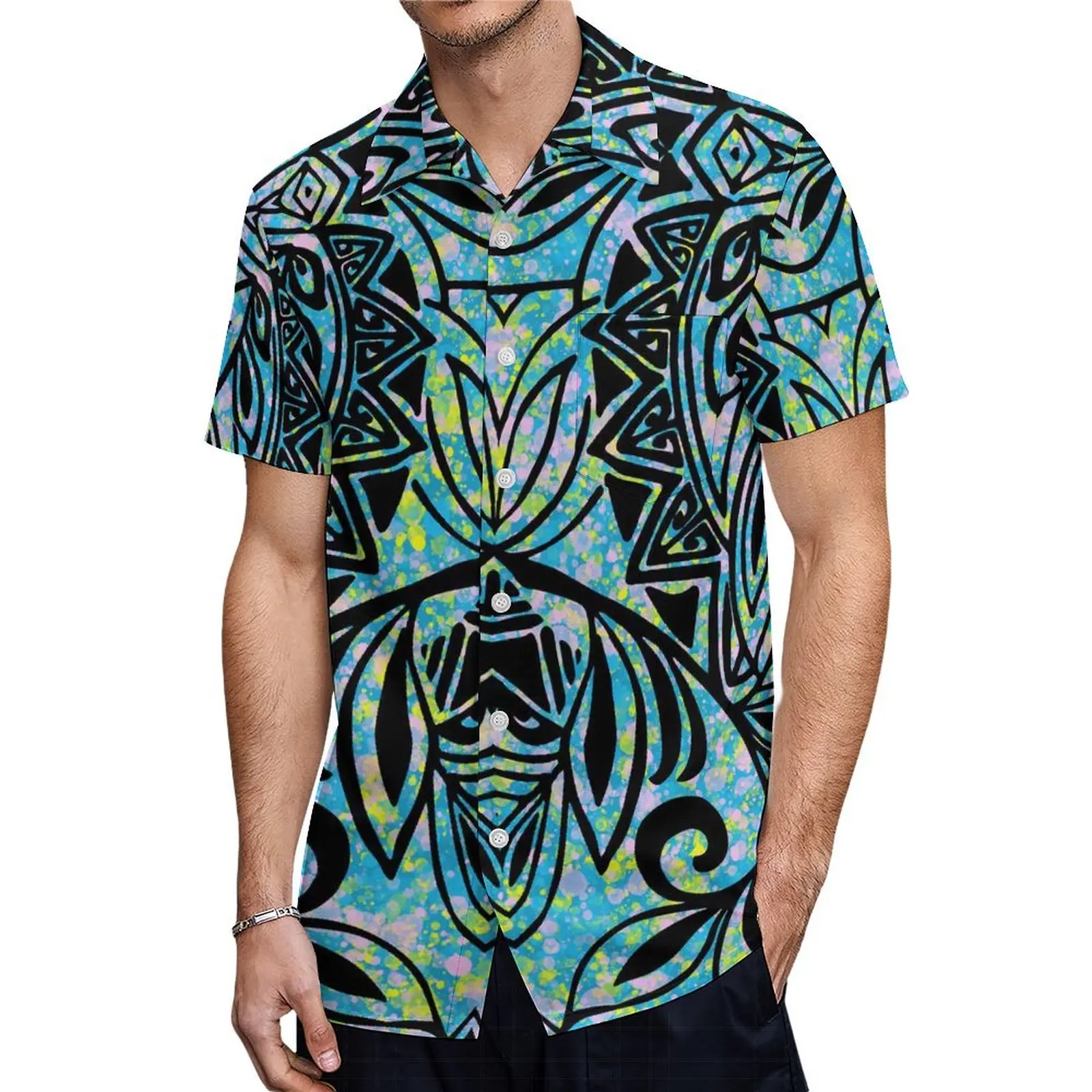 Women'S V-Neck Dress Puletasi Top And Skirt With Men'S Short-Sleeved Shirt Polynesian Tribe Design Couple Wear