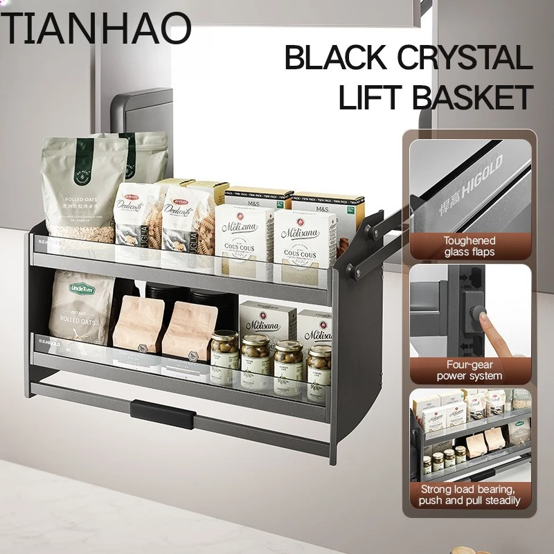 Pull Down Basket Kitchen Hanging Cabinet Lifting Basket Shelf Tempered Glass Design Bowl Basket