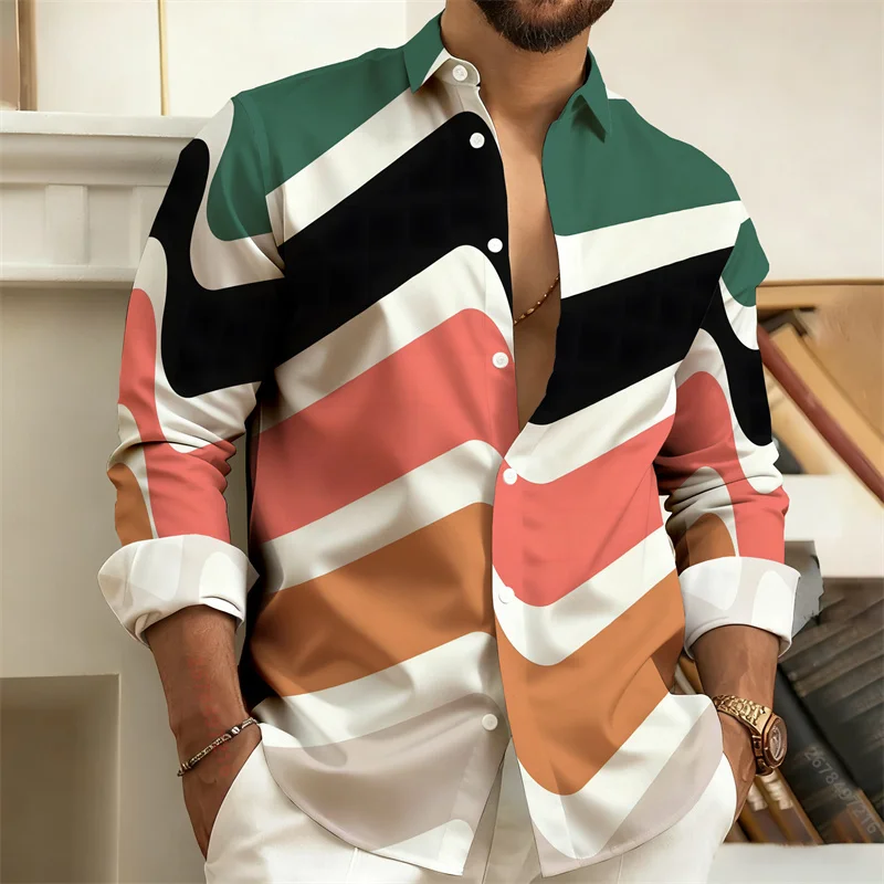 

Новая мужская рубашка с длинными рукавами с цветными блоками и геометрическим 3D-принтом, стильная мужская рубашка, уличная модная мужская одежда, S-6XL