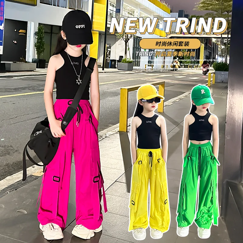 

New Children's Workwear Pants Summer Girls Street Hip Hop Loose Wide Leg Workwear Straight Tube Pants Princess Performance Dress