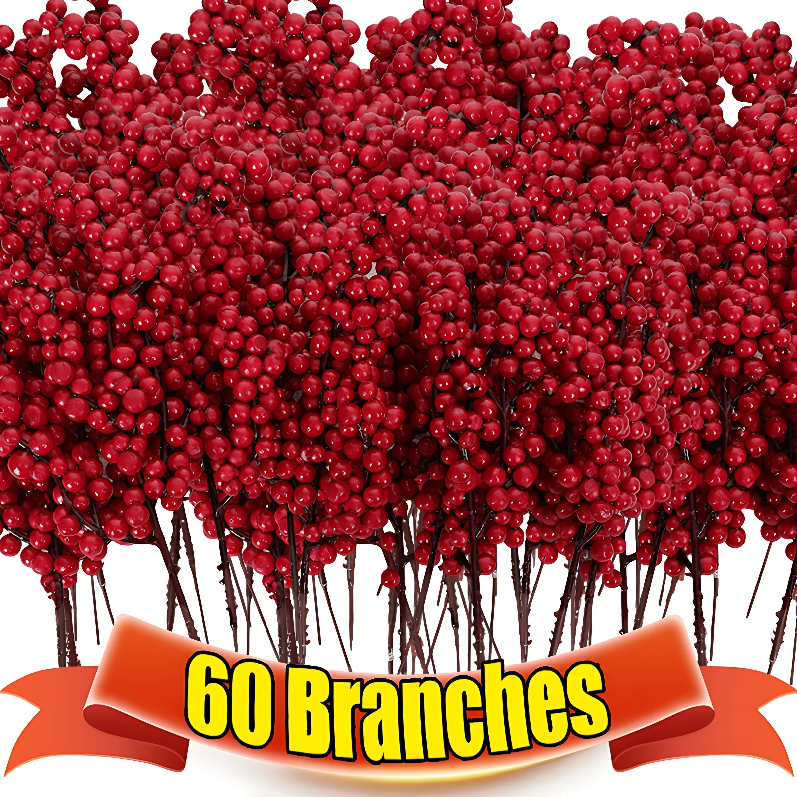 

60/1branch Christmas Artificial Berries Stem Red Holly Berry Fake Flowers Plant for Xmas Tree New Year Party Home Decor Ornament