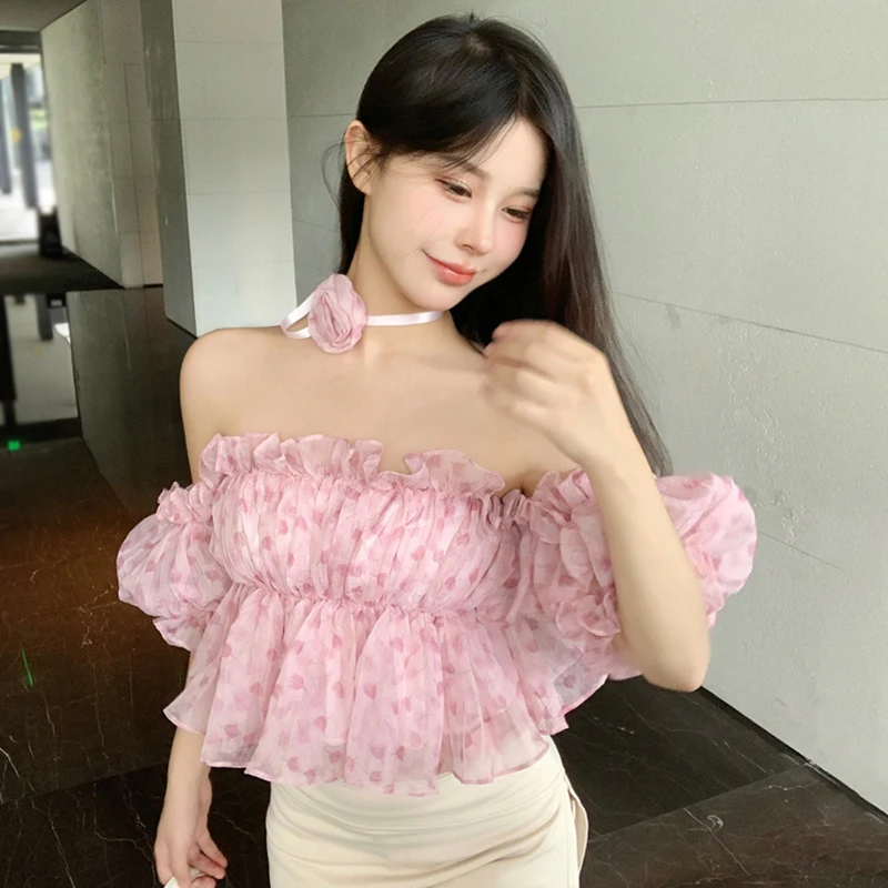 Women's Shirt Flower Print Korean Version Off Shoulder Slim Sweet Puff Short Sleeve Blouse