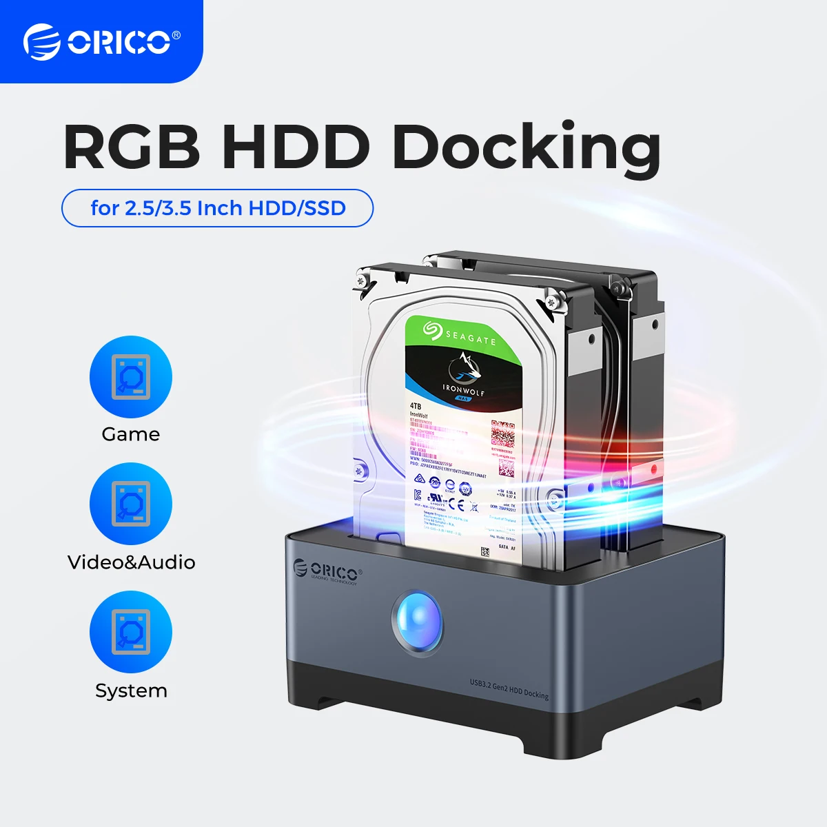 ORICO RGB Light Type-C 10Gbps Aluminum HDD Docking Station Heat Dissipation Stronger 2.5/3.5 inch HDD Case for Game Enthusiast